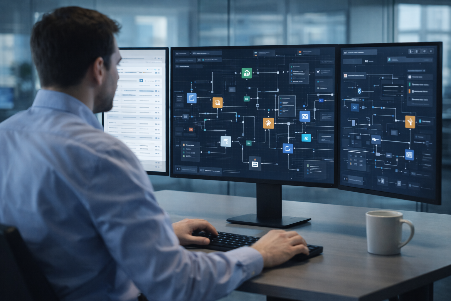 Engineer designing AI-powered operational workflows connecting enterprise software systems.